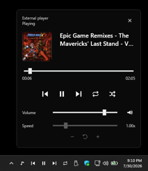 Now-playing popup and tray controls